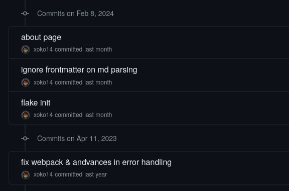 Git commit log showing a time interval without commits between April 11 2023 and February 8 2024.